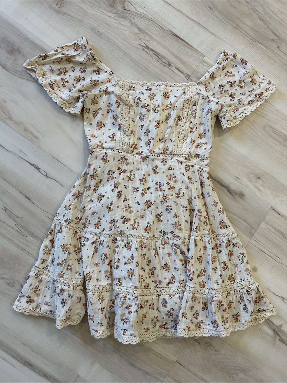 American Eagle Outfitters Cream Floral Smocked Cotton Dress